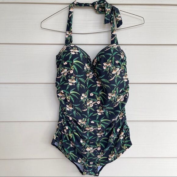 NEW Women’s L Tropical Hawaiian One Piece Swimsuit Built in Bra Bodysuit Ruched - Picture 8 of 10